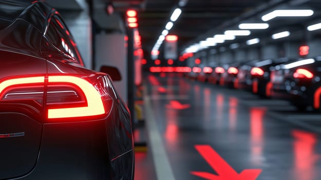 Modern electric car driving in an underground parking lot with its taillights on