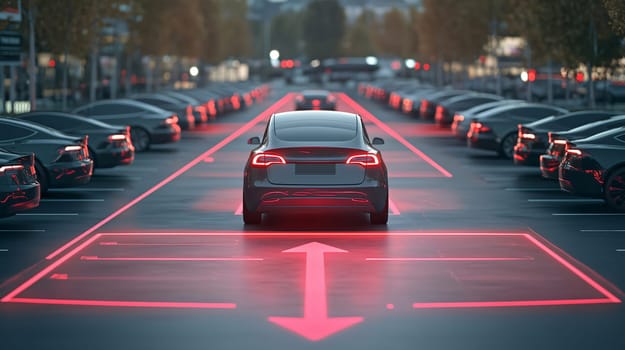 Self-driving car is using parking assist to park in a modern parking lot