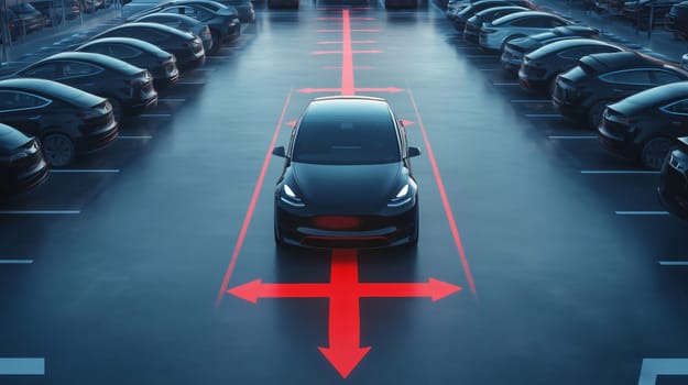 Black electric car is using self parking technology to park in an empty spot