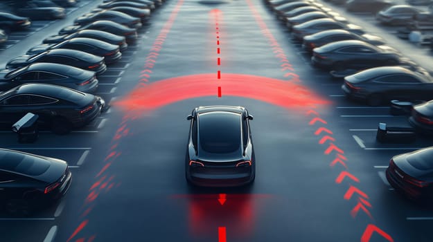 Modern car is parking autonomously in a modern parking lot, using its sensors to avoid other vehicles