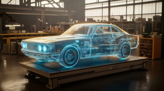 Futuristic concept of a hologram car being designed in an automotive factory