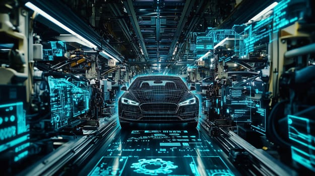 Car being assembled in a modern car factory using innovative automation technology