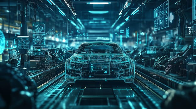 Car chassis is being assembled in a futuristic factory with robotics and augmented reality interfaces
