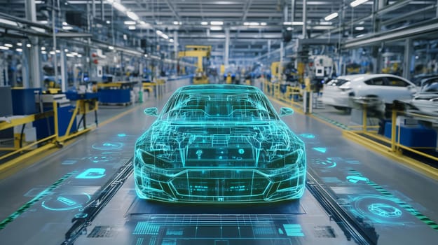 Automotive engineers using augmented reality software designing electric car in automotive industry factory