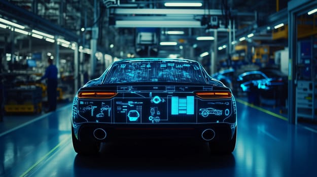 Futuristic car factory showing the production line with a car being assembled by robots
