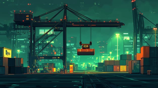 Futuristic looking cargo crane moving an industrial container at night