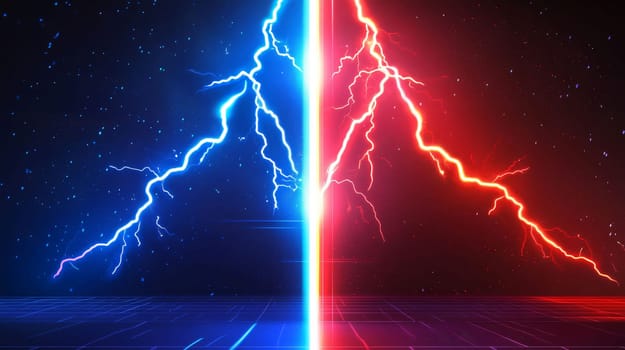 Vibrant synthwave background is being created by lightning clashing in an abstract universe