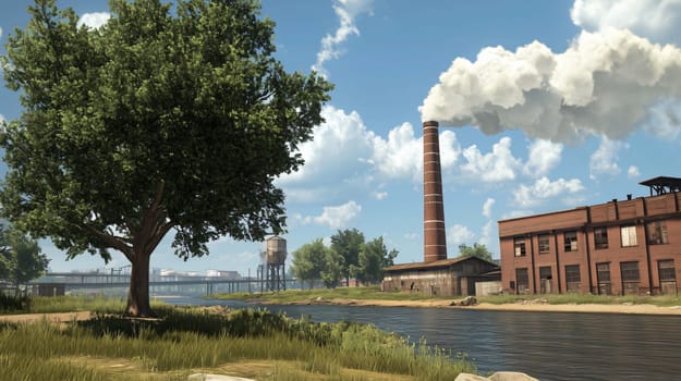 Large tree is growing near an abandoned industrial factory emitting pollution