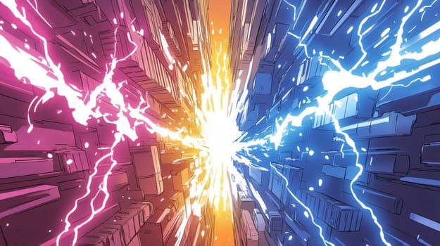 Powerful energy beam is destroying everything on its way through a futuristic city in this cartoon illustration