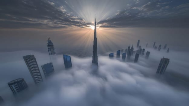 The sun is rising behind the burj khalifa, creating sunrays over a sea of clouds surrounding dubai's impressive skyline