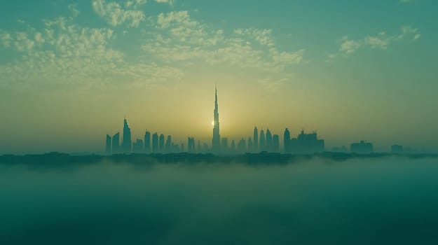 The sun is rising behind the burj khalifa and the dubai skyline which are emerging from a thick fog