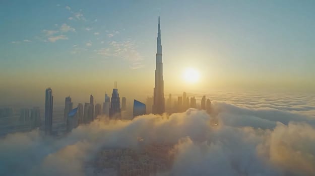 The sun is rising over the dubai skyline, with the burj khalifa towering over a sea of clouds