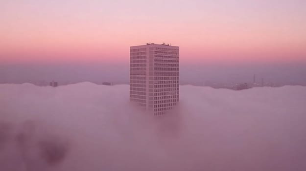 Lone skyscraper is emerging from a sea of pink clouds at dawn with a city in the background