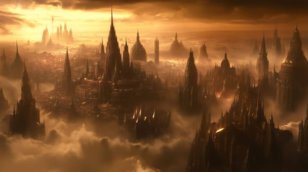 Fantasy cityscape with numerous buildings and towers of various heights is shrouded in clouds at sunset