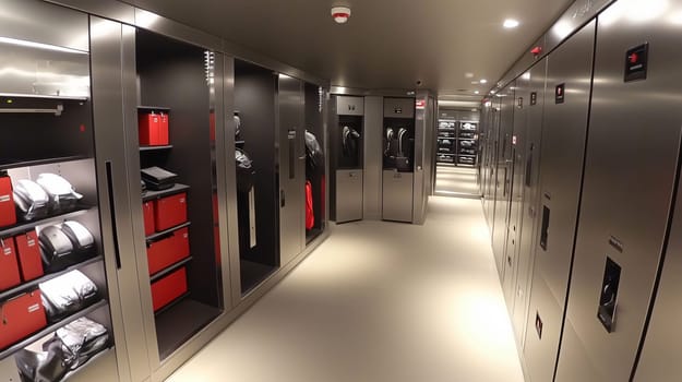 Empty and organized gym or spa locker room with red accents and metal lockers waiting for clients
