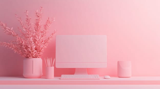 Minimalist home office setup with a computer showing a blank screen, perfect for showcasing productivity or design concepts