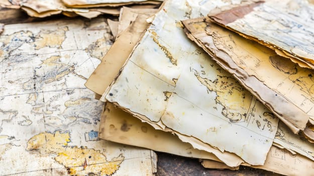 Stack of antique world maps showing the effects of time with yellowed paper and frayed edges