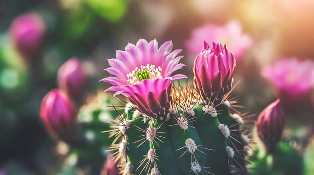 Close up of pink cactus flowers blooming in a garden with a blurred background
