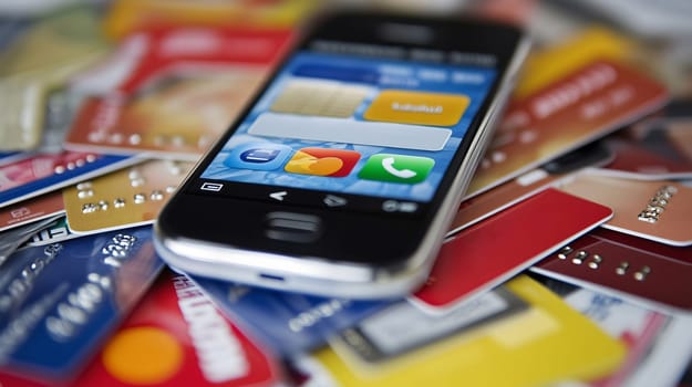 Smartphone showing a banking app is lying on a stack of credit cards