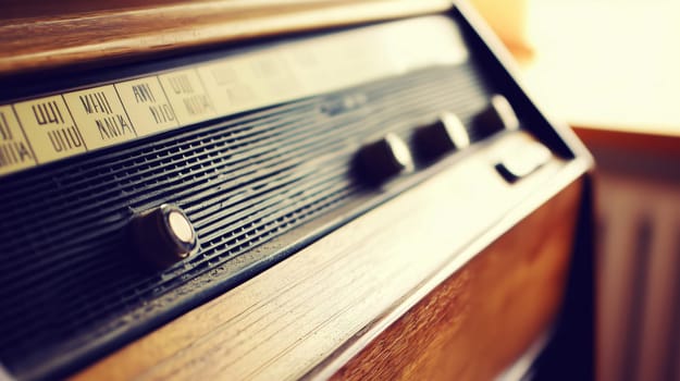 Close up of a vintage radio receiver with dials and tuning knob