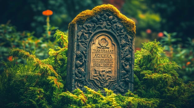 Ancient weathered stone tablet covered in moss is standing in a cemetery