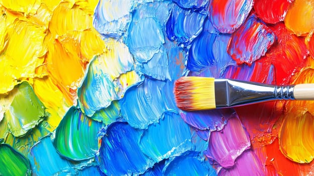 Paintbrush is resting on a palette covered in brightly colored oil paint