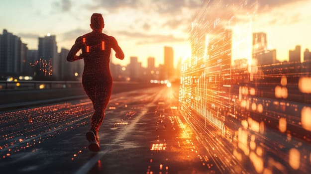 Runner is jogging in an urban environment with performance tracking software overlayed on top in augmented reality