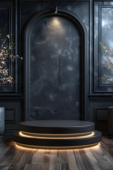 The buildings interior design features a dark room with a podium in the middle, wooden walls, and tinted glass windows creating an ambiance of mystery and elegance