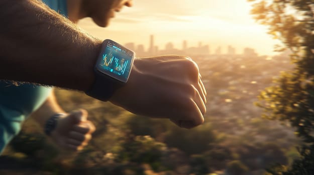 Runner is tracking their fitness progress on a smartwatch while jogging through a scenic park