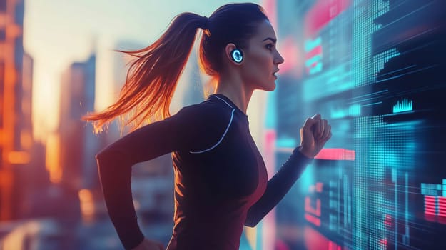 Young woman is running outdoors in a futuristic sportswear with an augmented reality fitness tracker app