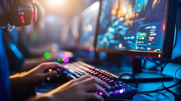 Pro gamer playing online video game on powerful computer