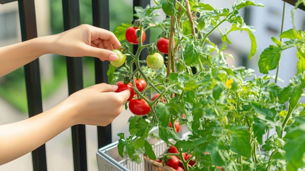Person is harvesting fresh, ripe tomatoes from their thriving balcony garden, enjoying the fruits of their urban farming efforts