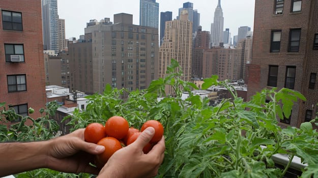 Gardener is holding a bunch of freshly picked tomatoes with the empire state building in the background