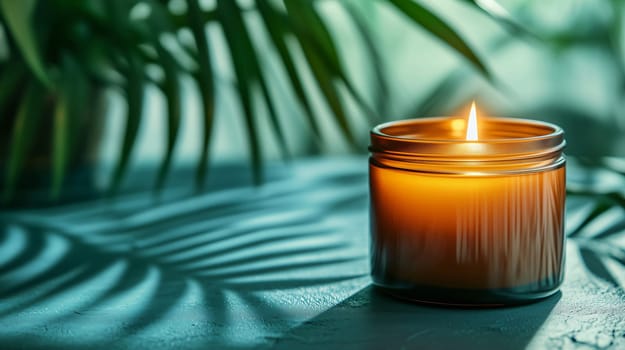Burning amber candle is casting shadows of palm tree leaves on a turquoise background