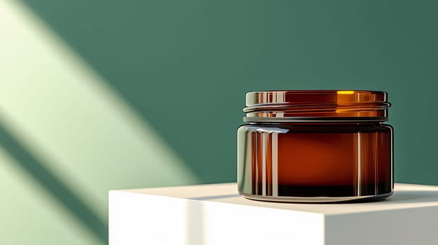 Amber jar is sitting on a white surface with a green background and the sun shining on it