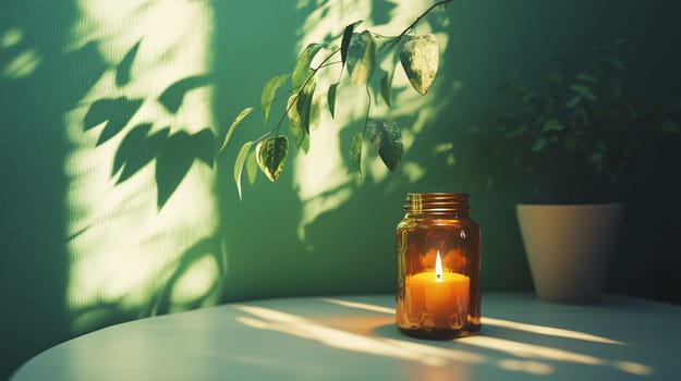 Lit candle is casting shadows on a table with plants in a room with green walls