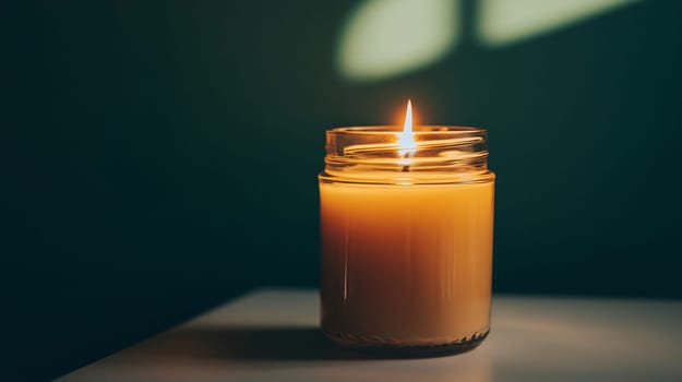 Close-up of a burning candle emanating a warm light, creating a cozy and inviting atmosphere