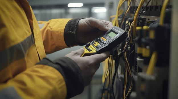 Electrician wearing a safety jacket is using a digital multimeter to measure the voltage in a server room