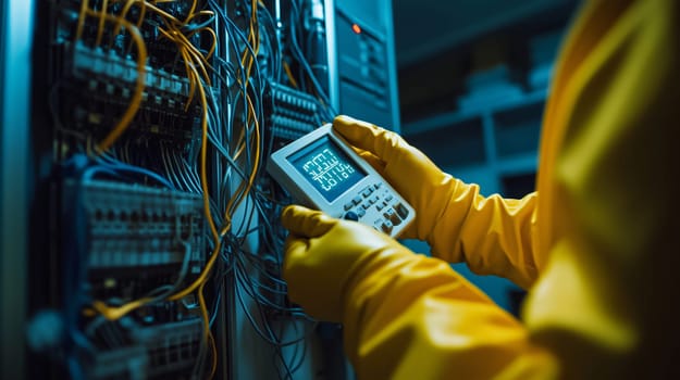 Electrician wearing a protective suit is checking voltage using a digital multimeter