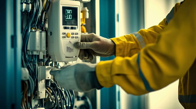 Electrician wearing protective gloves is adjusting an industrial electrical panel