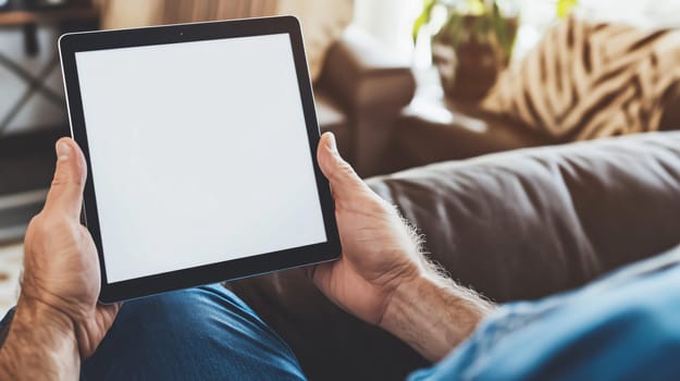 Man is showing a tablet with a blank screen while relaxing on his sofa