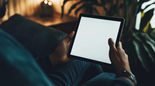 Man is relaxing on his sofa at home, holding a tablet with a blank screen