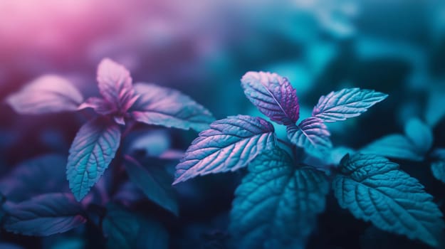 Close-up of fresh mint leaves growing under purple led lights