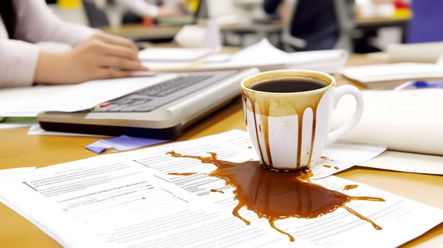Coffee cup lying on its side on a desk spilling its contents over some documents and a keyboard