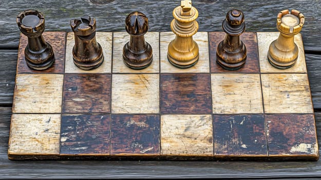 Wooden chess set with hand-carved pieces is displayed on a rustic table, showing the beginning of a match