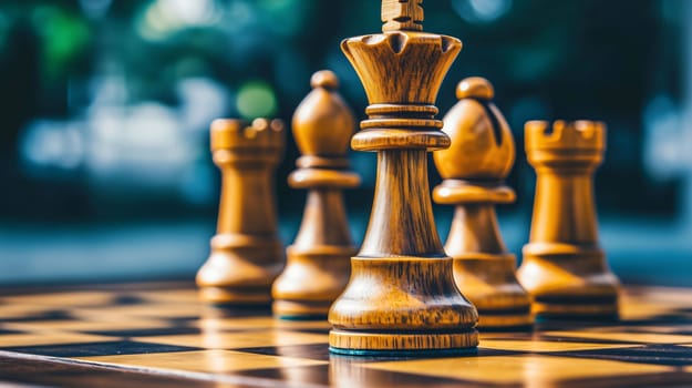 Wooden chess queen standing on a chessboard with other pieces, showing a strategic game in progress