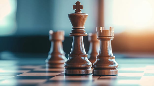 Wooden chess pieces are casting shadows on a chessboard with warm sunlight