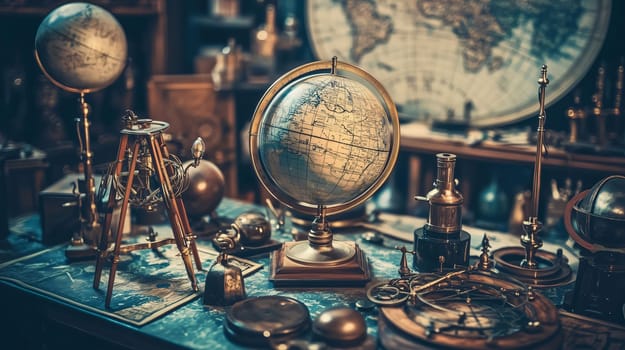 Vintage globe is surrounded by antique scientific instruments on a desk
