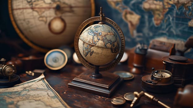 Antique globe is the centerpiece of a vintage, nautical-themed still life, surrounded by maps and navigation tools