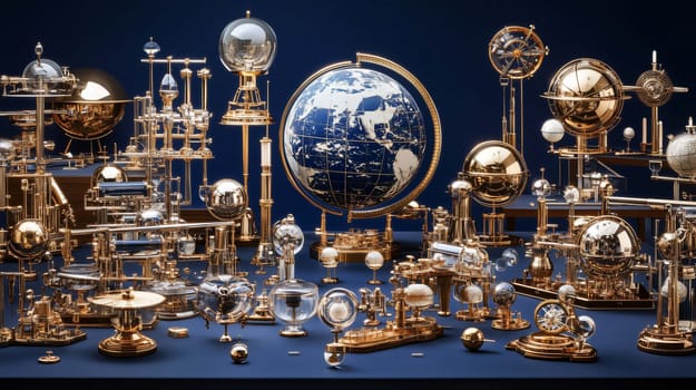 Collection of antique-looking, golden navigation and science instruments is standing on a navy blue surface